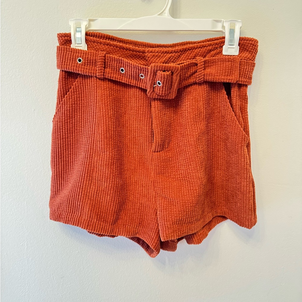 Women's Corduroy Belted High Waist Shorts - Rust